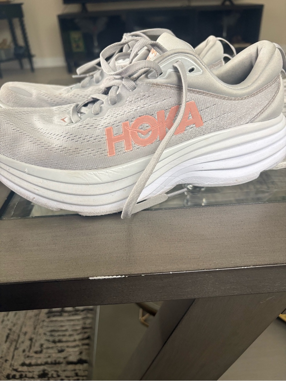 Hoka Gray Running Shoes with Peach Logo